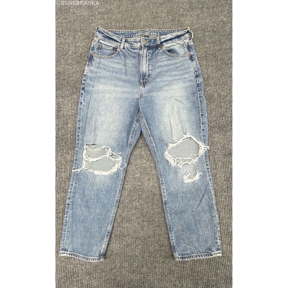American Eagle Strigid Mom Jeans Womens 12 X-Short Blue Distressed High Rise
